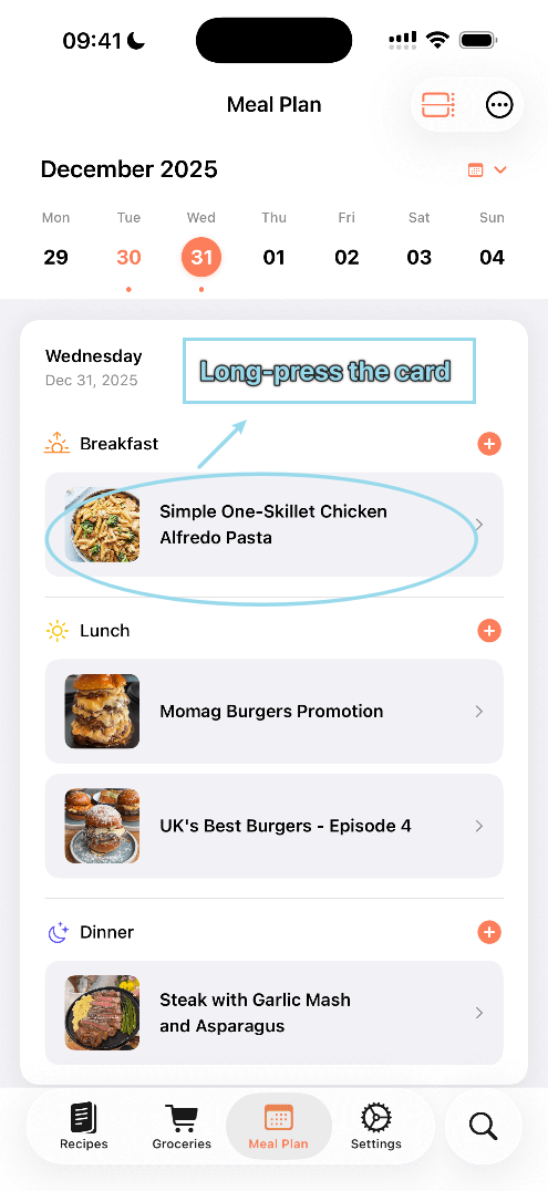 Long press recipe card