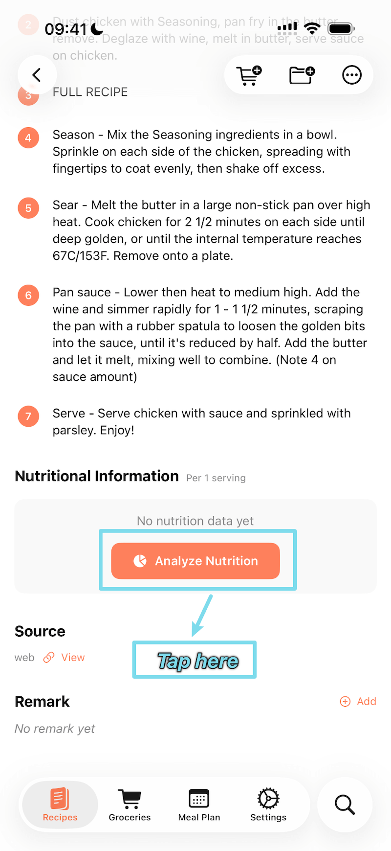 Analyze Nutrition button