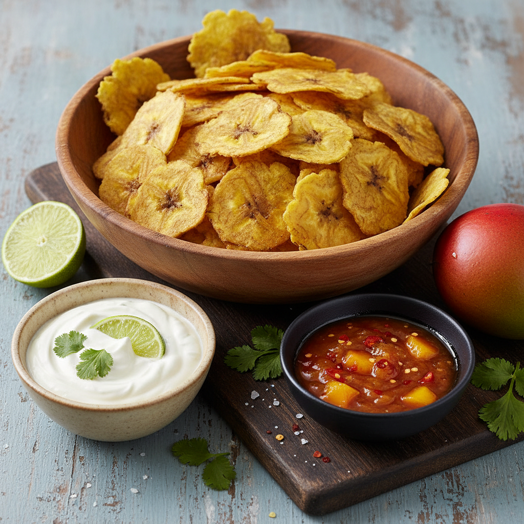Fried Plantain Chips With Lime Sour Cream and Mango Hot Sauce