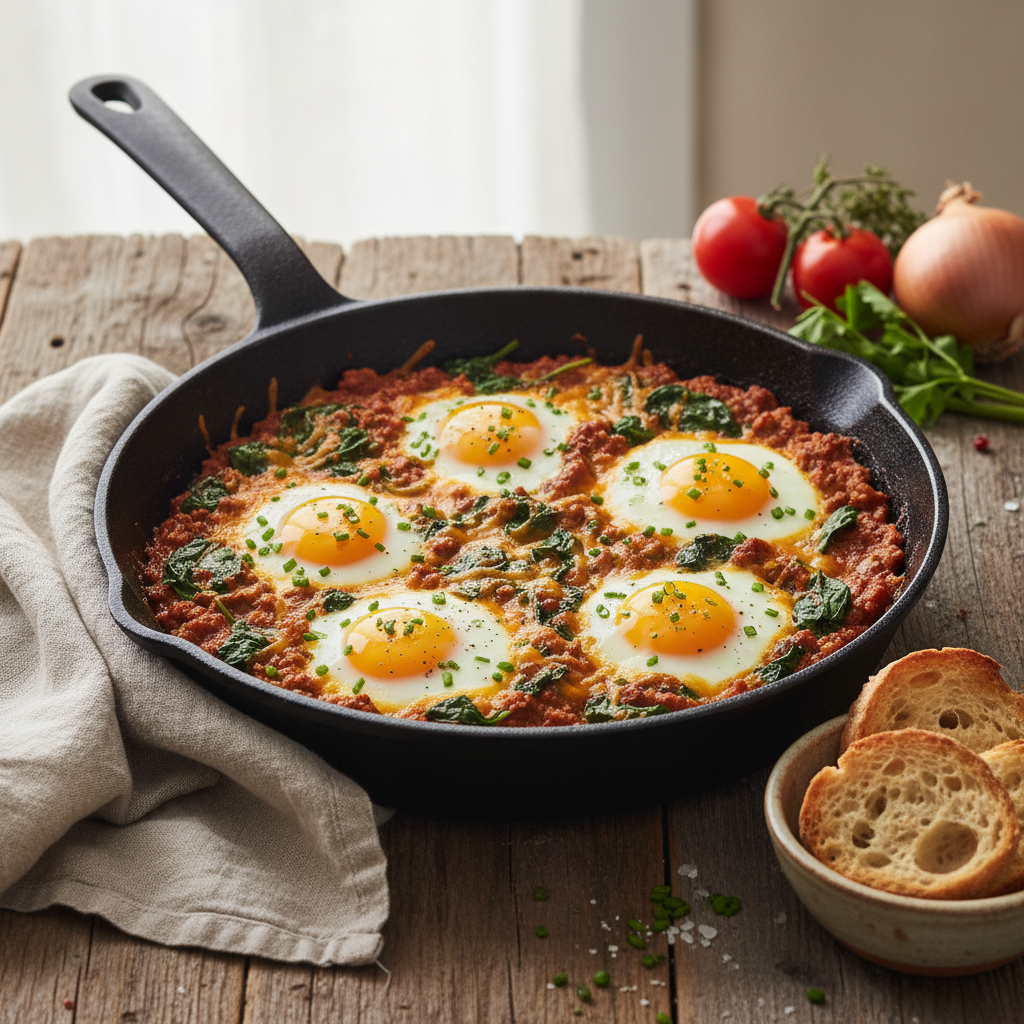 Sloppy Joe Shirred Eggs With Spinach