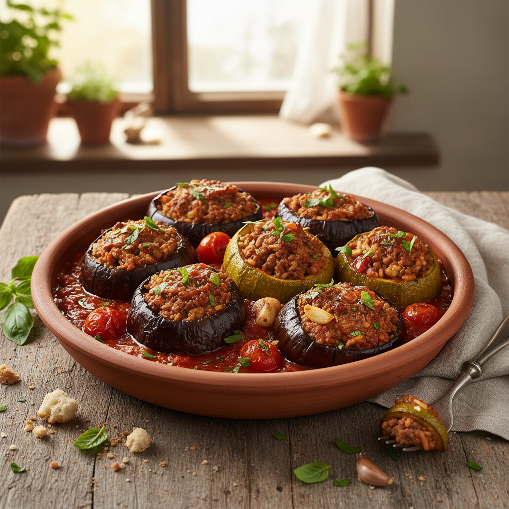 Stuffed Eggplants and Zucchini in a Rich Tomato Sauce (Baatingan w Kusaa Bil Banadoura)