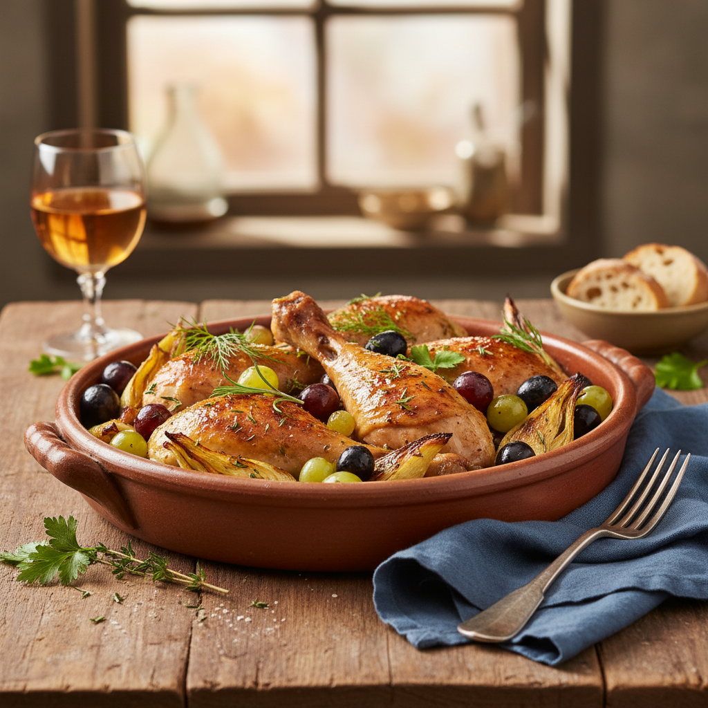 Braised Chicken Legs With Grapes and Fennel