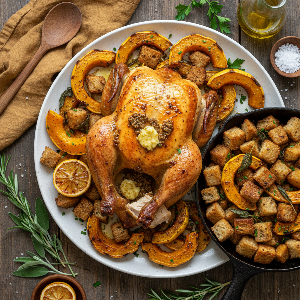 Miso-Butter Roast Chicken With Acorn Squash Panzanella