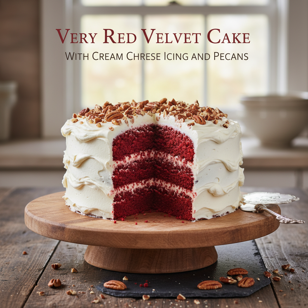 Very Red Velvet Cake With Cream Cheese Icing and Pecans