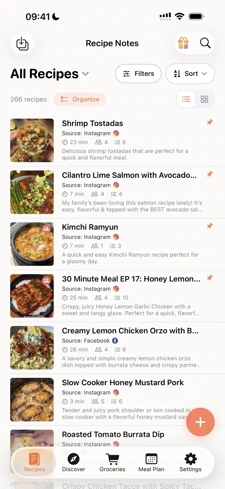 All Recipes list showing recipes imported from Instagram with cook time and servings