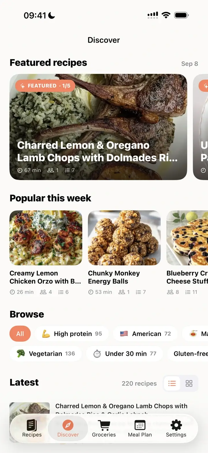 Discover tab with featured and popular recipes