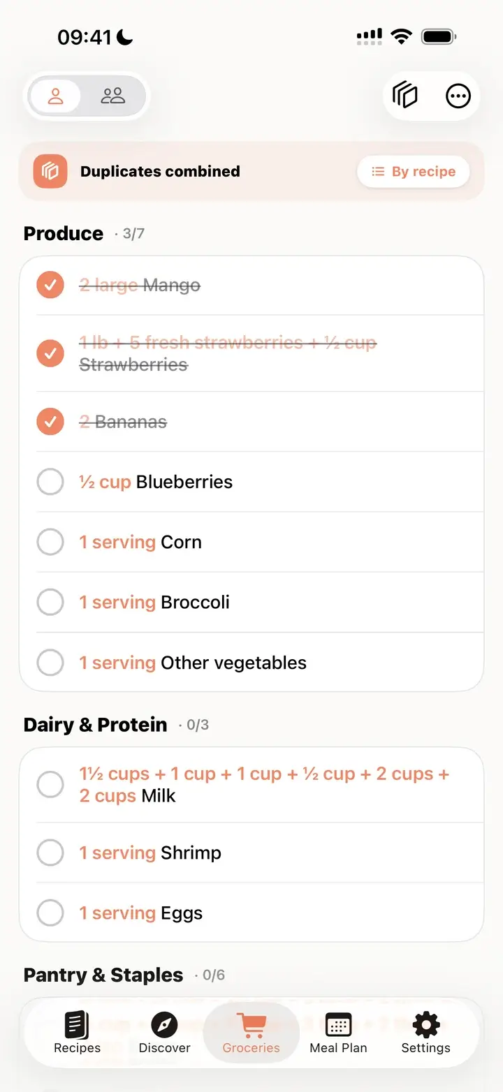 Grocery list grouped by aisle with duplicates combined