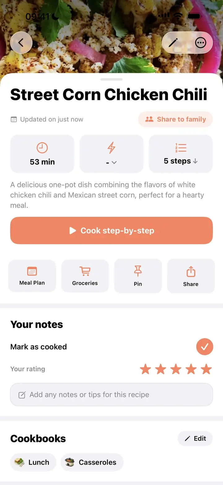 Recipe page for Street Corn Chicken Chili with time, difficulty and a cook step-by-step button