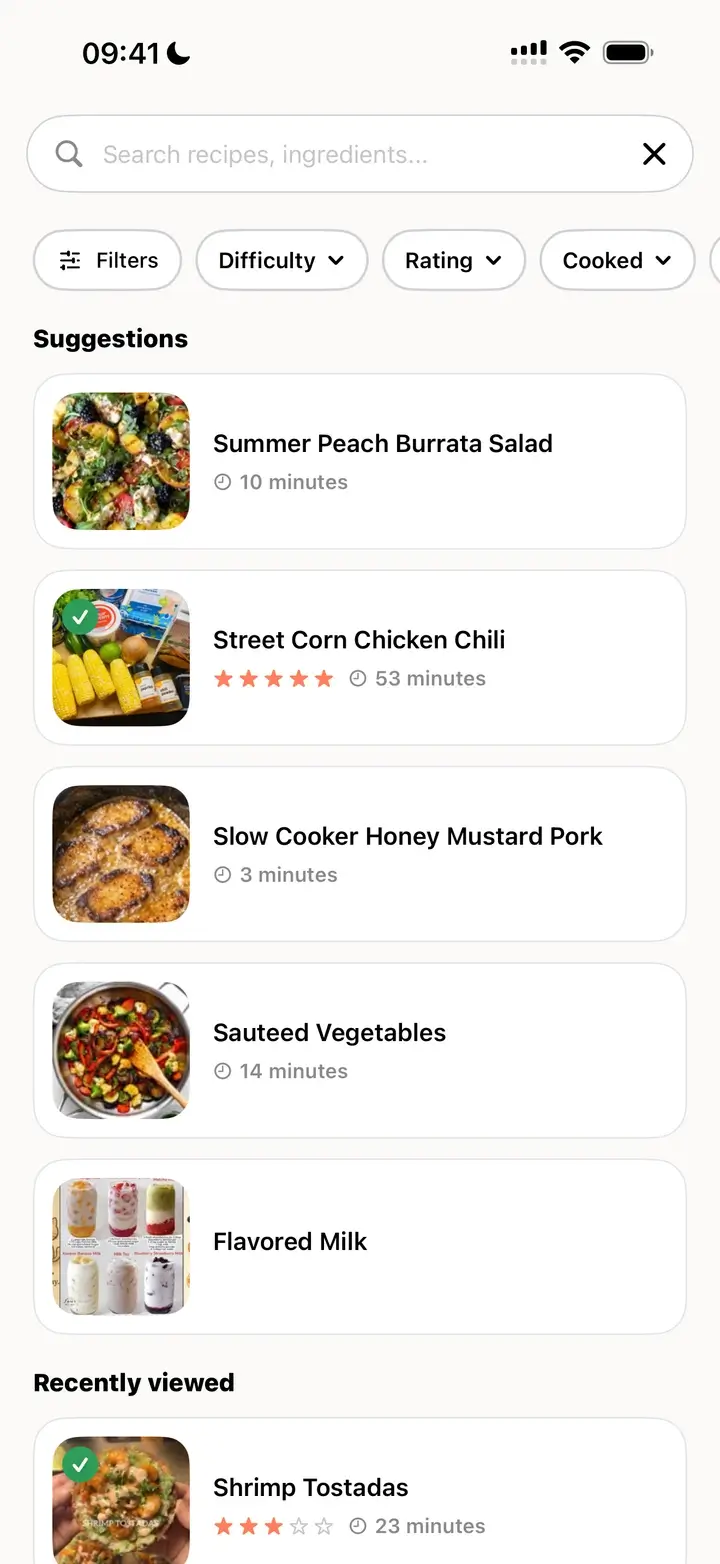 Recipe search with filters for difficulty, rating and cooked